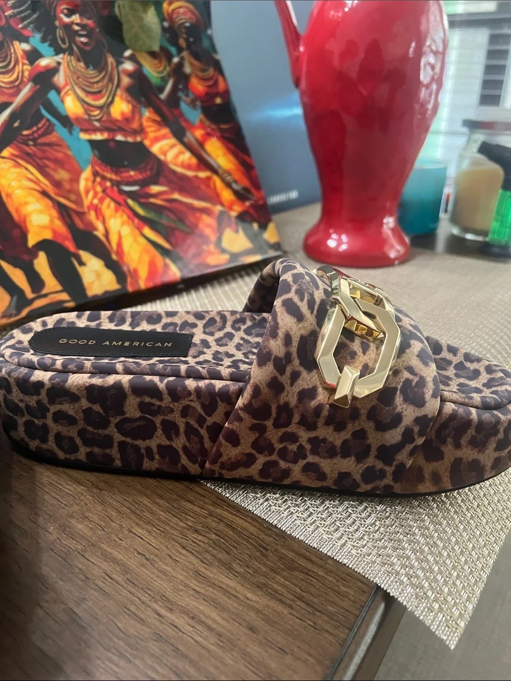 Good American Leopard Print Slide Sandals with Gold Accent